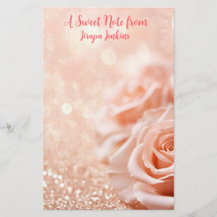 Glitter Rose Gold Background and Rose Gold Roses  Stationery