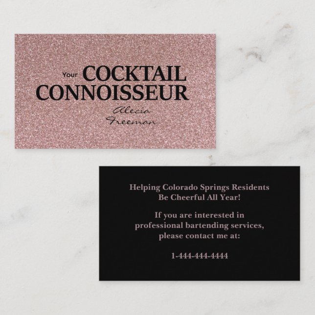 Glitter Rose Gold Bartender Event Business Card (Front/Back)