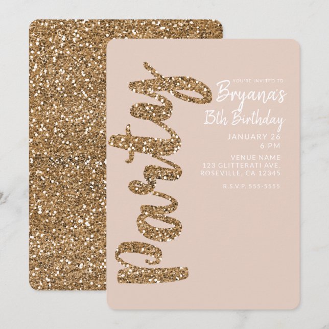 Glitter Rose Gold Blush ANY AGE Birthday Party Invitation (Front/Back)