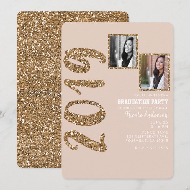 Glitter Rose Gold Blush Glam 2019 Graduation PHOTO Invitation (Front/Back)