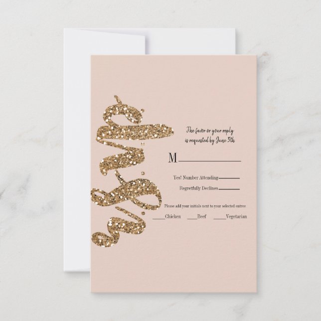 Glitter Rose Gold Blush Glam Wedding RSVP Reply (Front)