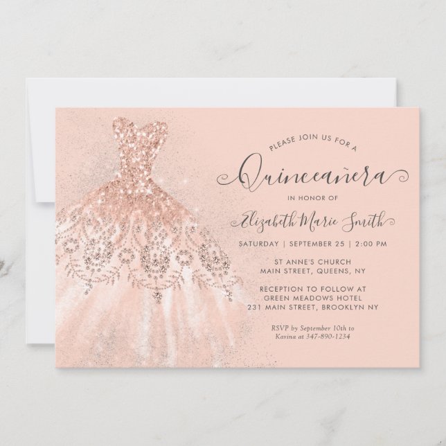 Glitter Rose Gold Blush Pink Dress Quinceanera Invitation (Front)