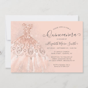 Glitter Rose Gold Blush Pink Dress Quinceanera Invitation