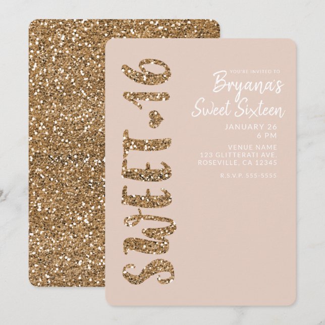 Glitter Rose Gold Blush Sweet 16 Sixteen Party Invitation (Front/Back)
