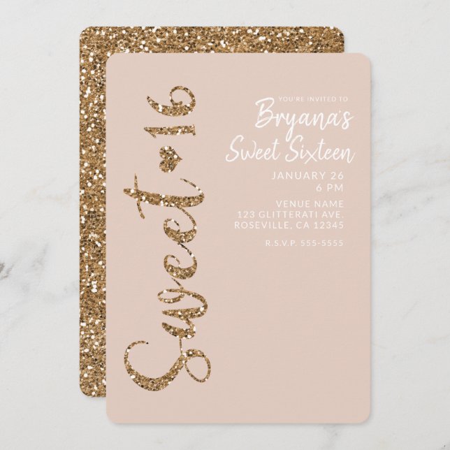 Glitter Rose Gold Blush Sweet 16 Sixteen Party Invitation (Front/Back)