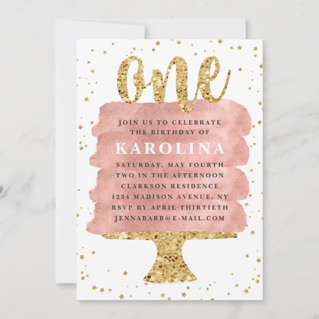 Glitter & Rose Gold Cake First Birthday Invitation (Front)