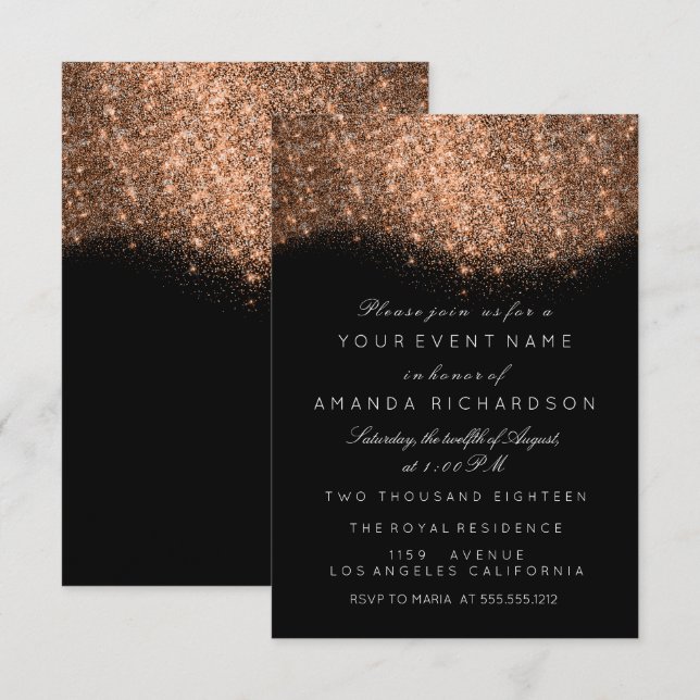 Glitter Rose Gold Copper Black White Elegant Invitation (Front/Back)