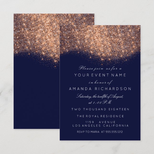 Glitter Rose Gold Copper Blue Navy White Elegant Invitation (Front/Back)