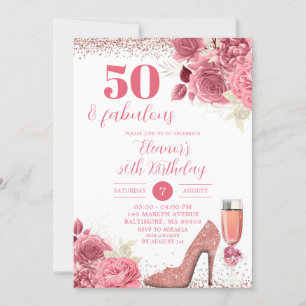 Glitter Rose Gold Floral Stiletto Any Age Birthday Invitation