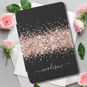 Glitter Rose Gold - Girly Sparkle Black Monogram iPad Air Cover
