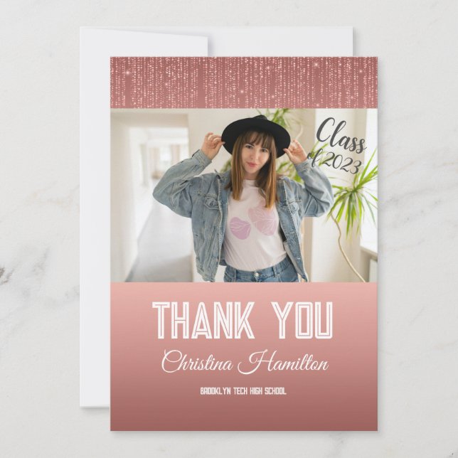 Glitter Rose Gold Graduation Photo Thank You Card (Front)