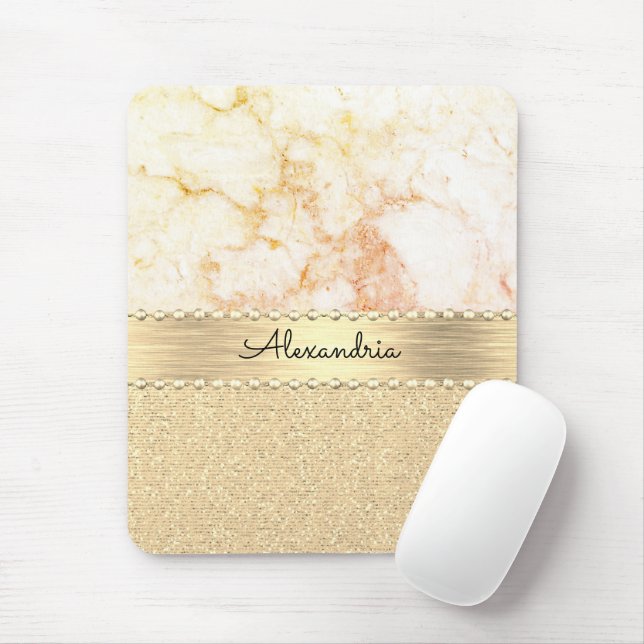Glitter Rose Gold Marble Personalised Mouse Mat (With Mouse)
