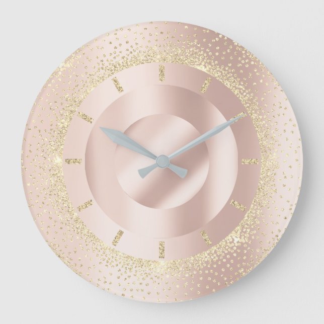 Glitter Rose Gold Metal Blush Beauty Lux Champaign Large Clock (Front)