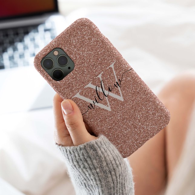 Glitter Rose Gold Monogram Case-Mate iPhone Case (Elegant girly rose gold glitter with a white and black monogram for this modern case.)