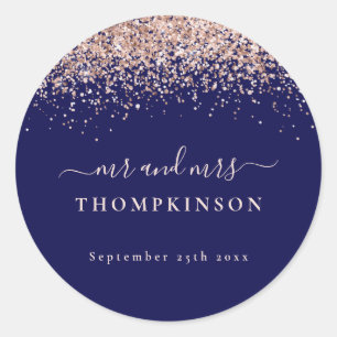 Glitter Rose Gold Mr Mrs Name Wedding Navy Blush  Classic Round Sticker