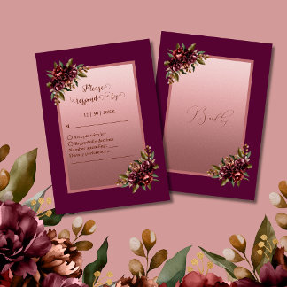 glitter Rose Gold Script - Burgundy floral wedding RSVP Card