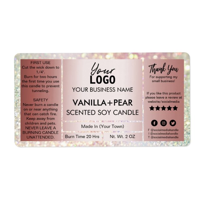 Glitter Rose Gold Soy Candle Labels (Front)