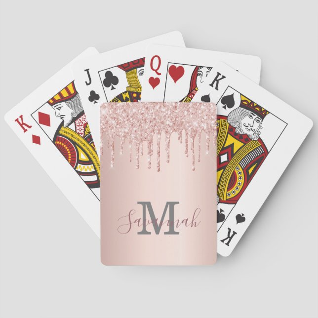 Glitter rose gold sparkle pink monogram script playing cards (Back)