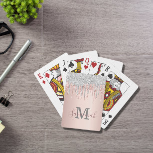 Glitter rose gold sparkle pink monogram silver playing cards