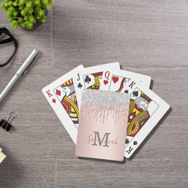 Glitter rose gold sparkle pink monogram silver playing cards (Creator Uploaded)