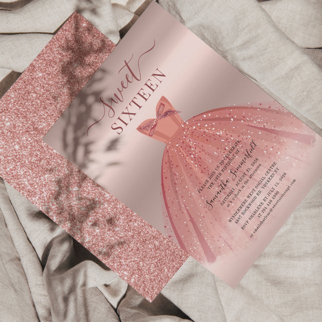 Glitter Rose Gold Sweet 16 Bday Party Invitation (Creator Uploaded)