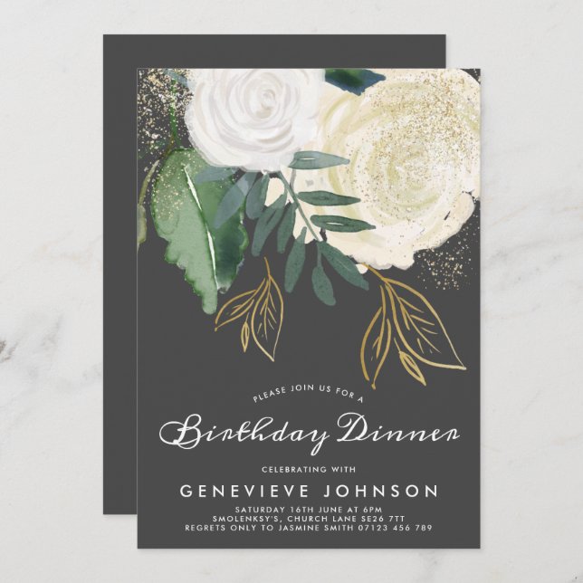 Glitter Roses Birthday Dinner Invitation (Front/Back)