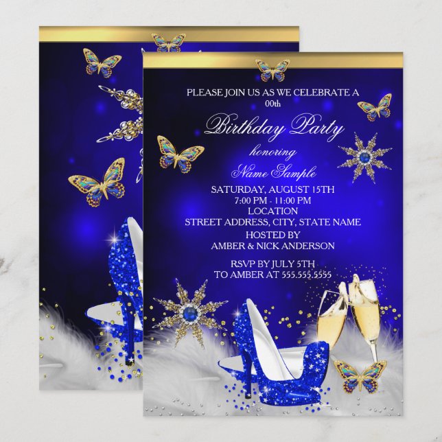 Glitter Royal Blue Butterfly Heels Gold Champagne Invitation (Front/Back)