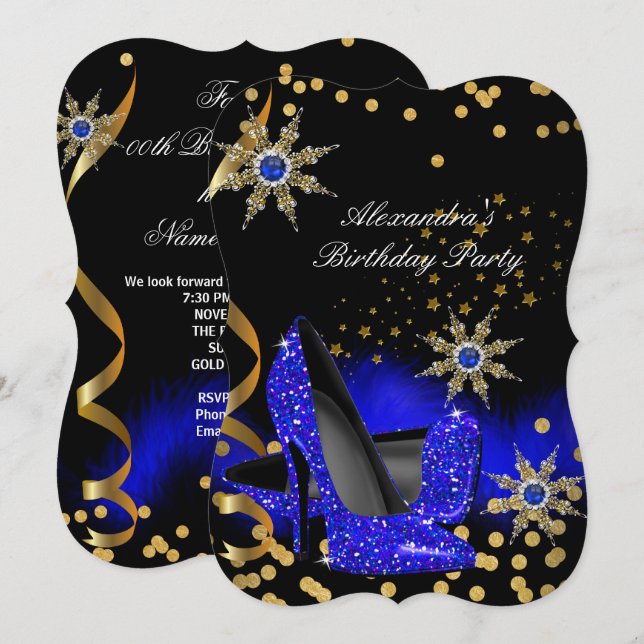Glitter Royal Blue High Heels Black Birthday Party Invitation (Front/Back)