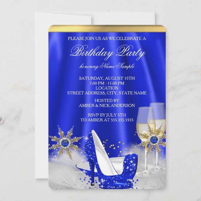 Glitter Royal Blue High Heels Gold Champagne Party Invitation (Front)