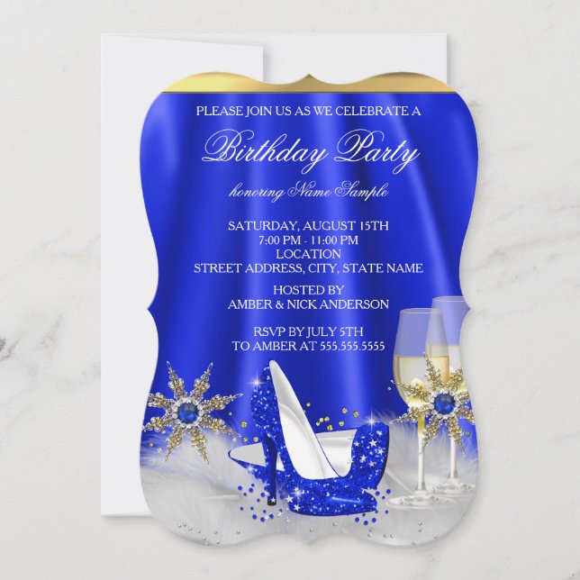 Glitter Royal Blue High Heels Gold Champagne Party Invitation (Front)