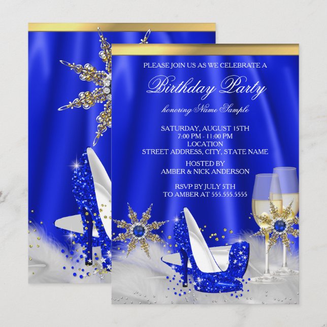 Glitter Royal Blue High Heels Gold Champagne Party Invitation (Front/Back)