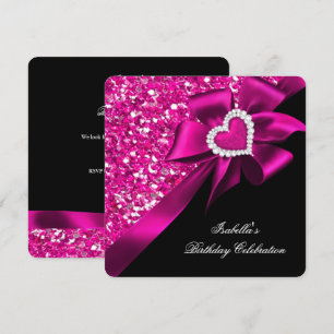 Glitter Royal Hot Pink Heart Bow Black Party Invitation