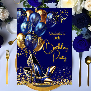 Glitter Royal Navy Blue Gold heels Balloons Invitation