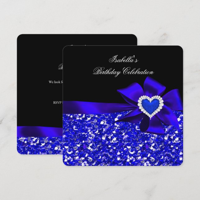 Glitter Royal Royal Blue Heart Bow Black Party Invitation (Front/Back)