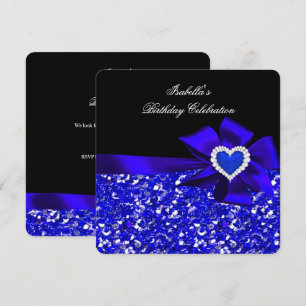Glitter Royal Royal Blue Heart Bow Black Party Invitation