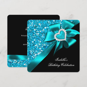 Glitter Royal Teal Blue Heart Bow Black Party Invitation