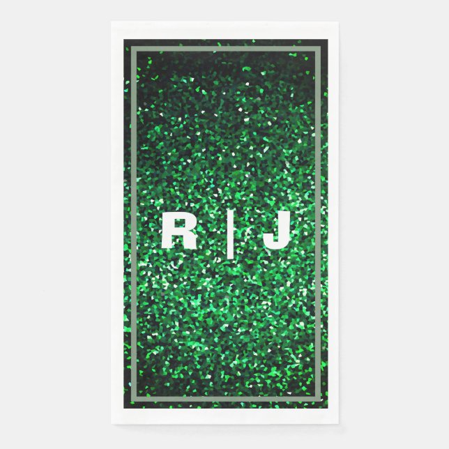 Glitter Sage Green Edge Emerald Monogram Wedding Napkin (Front)