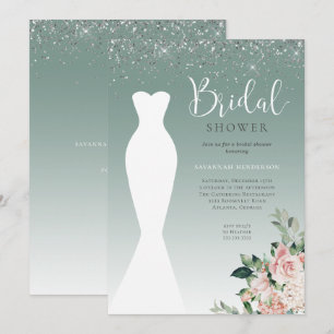 Glitter Sage Green Wedding Dress Bridal Shower Invitation