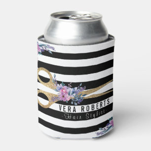 Glitter Scissor Beauty Salon Floral stripes Can Cooler