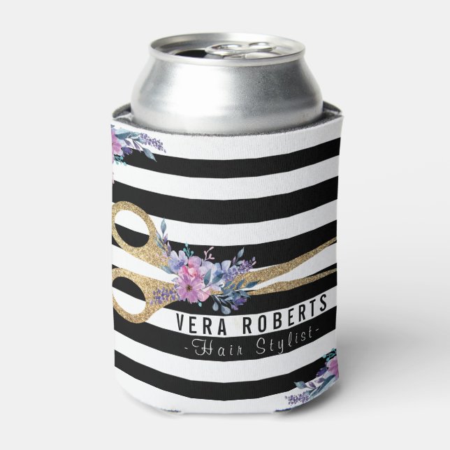 Glitter Scissor Beauty Salon Floral stripes Can Cooler (Can Front)