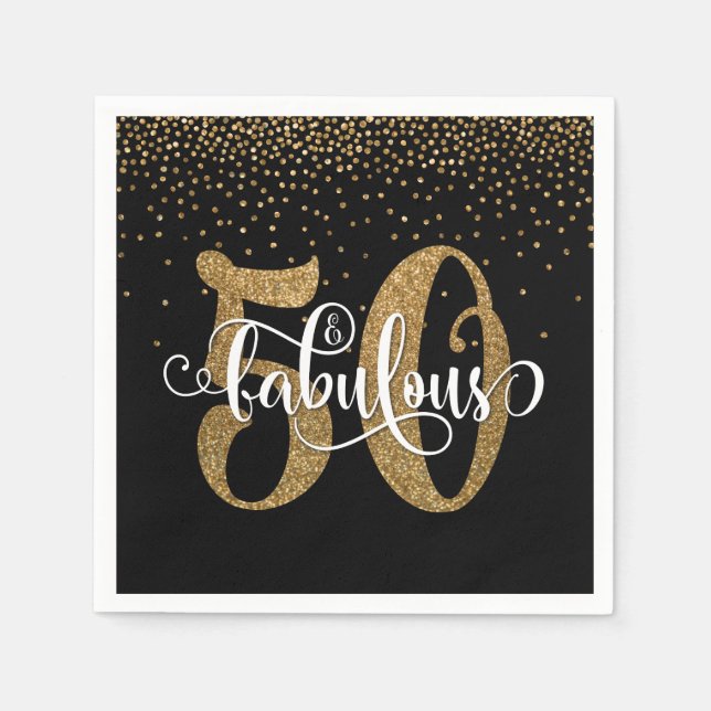 Glitter & Script 50 & Fabulous, Black Birthday Napkin (Front)