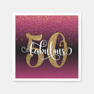 Glitter & Script 50 & Fabulous, Hot Pink Birthday Napkin