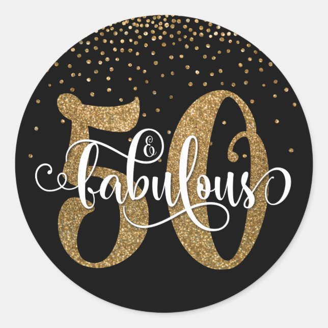 Glitter & Script 50 & Fabulous on Black, Birthday Classic Round Sticker (Front)