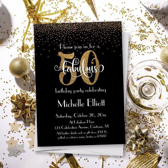 Glitter & Script 50 & Fabulous on Black, Birthday Invitation (Creator Uploaded)