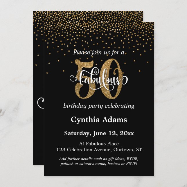 Glitter & Script 50 & Fabulous on Black, Birthday Invitation (Front/Back)
