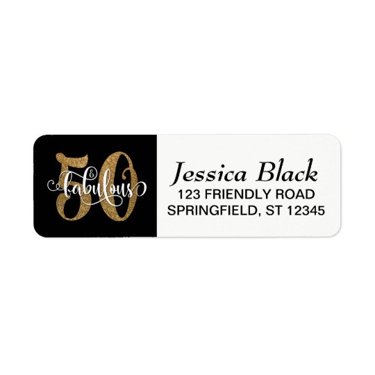 Glitter & Script 50 & Fabulous on Black, Birthday Return Address Label