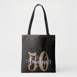Glitter & Script 50 & Fabulous on Black, Birthday Tote Bag