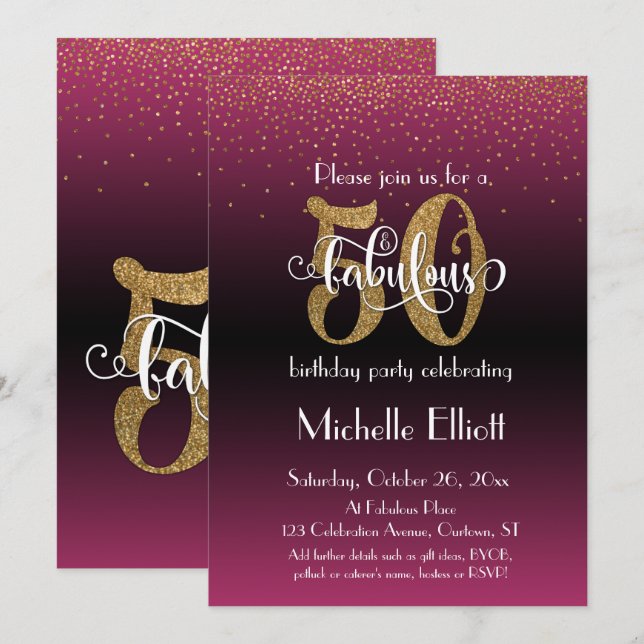Glitter & Script 50 & Fabulous on Hot Pink Ombre Invitation (Front/Back)