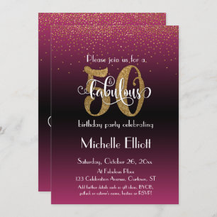 Glitter & Script 50 & Fabulous on Hot Pink Ombre Invitation