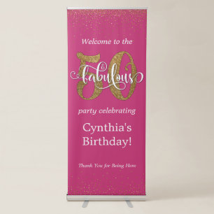 Glitter & Script 50 & Fabulous on Pink, Birthday Retractable Banner